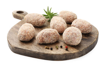 Uncooked meat patties with rosemary and peppercorns isolated on white