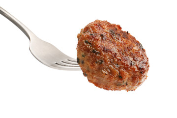 Fork with roasted meat patty isolated on white