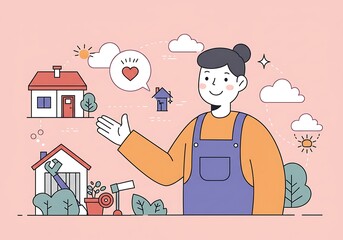 Smiling person presenting home care and property maintenance concepts with houses and nature elements, flat illustration