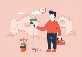 Home maintenance and cleaning concept with man holding broom and toolbox. Flat vector illustration of property care and household chores.