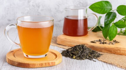 Fototapeta premium Warm aromatic tea beverage served in elegant cup and refreshing glass presentation.