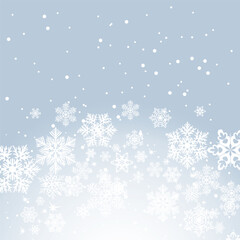Frosted winter background with delicate white snowflakes on soft icy blue gradient. Minimal Nordic style.