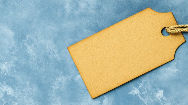 Bright yellow tag with natural jute rope on vibrant blue background blank label for text price or message.