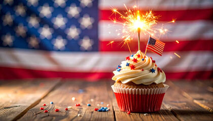 Festive Fourth of July cupcake decorated with stars, flags, and sparkler, symbolizing USA celebration.