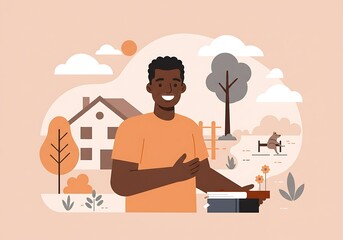 Smiling man gardening at home, planting flowers in a sunny backyard. Leisure and well-being illustration.