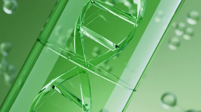 3D render of capsule with molecular DNA chain in green environment. 