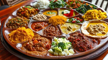 Obraz premium Close up of a large platter filled with various ethiopian dishes and vegetables on a wooden table