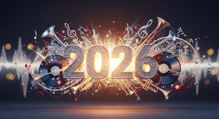 Sparkling 2026 numeral surrounded by brass instruments vinyl records musical notes and sound waves creating a vibrant celebratory atmosphere New Year celebration sparkly golden
