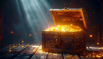 Old wooden treasure chest filled with glowing gold coins.