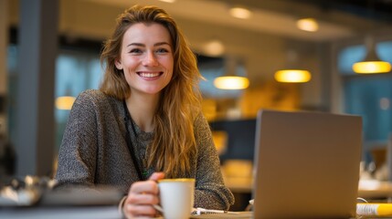 Smiling blonde woman working on laptop in modern cafe, enjoying coffee while remote working in cozy professional environment