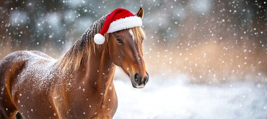Charming Chestnut Horse in Santa Hat Amidst Enchanting Winter Snowfall, Festive Holiday Vibes