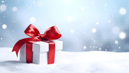Wrapped gift box with red ribbon in snow.