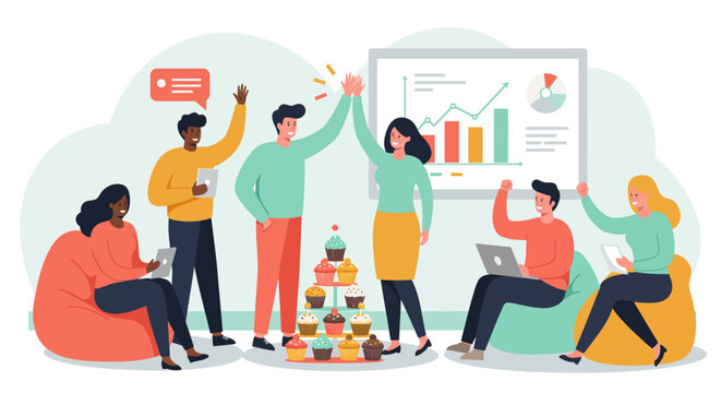 Diverse Team Celebrating Success with Cupcakes and High Fives