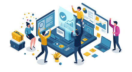 Team Celebrating Success with Data Visualization and Technology