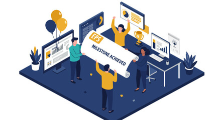 Obraz premium Team Celebrating Milestone Achievement with Banner and Computers