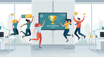 Joyful Team Celebrating Goal Achievement in Office
