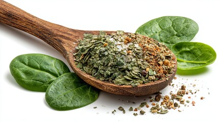 Rustic wooden spoon overflowing with vibrant dried herbs and coarse sea salt nestled beside fresh green spinach leaves
