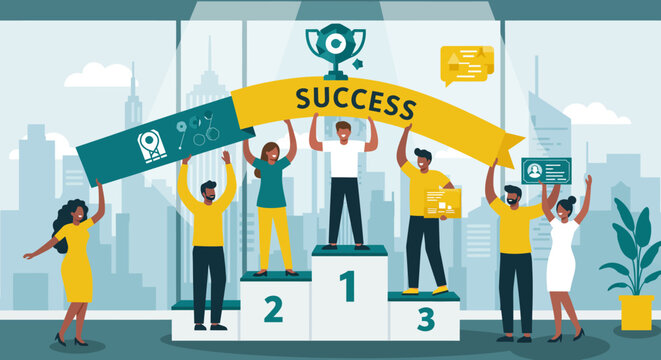 Diverse Team Celebrating Success on Podium
