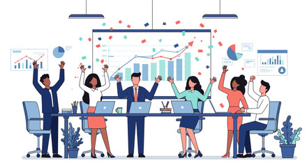 Fototapeta premium Team Celebrating Success with Charts and Laptops