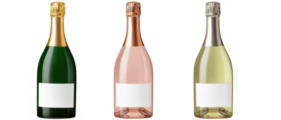 Three assorted champagne bottles on white, AI, PNG