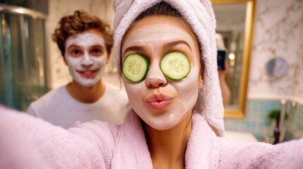 Two friends enjoying spa day with cucumber eye masks and face treatments, capturing self-care and wellness lifestyle moments