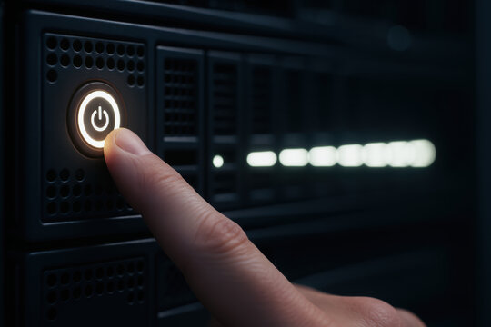 Finger pressing power button on server rack to build ai data center with high power and crunch performance