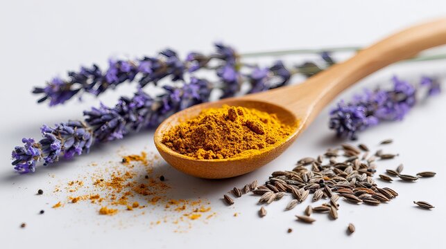 Vibrant turmeric powder on wooden spoon with aromatic lavender sprigs and cumin seeds creating a rich, natural spice blend