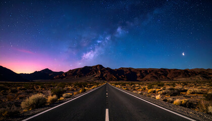 Beautiful cosmic landscape with road stretching to horizon beneath Milky Way and moonlight.