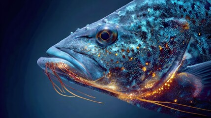Spectacular close-up of deep sea fish head with bioluminescent spots and flowing tentacles showcasing brilliant blue scales and golden eye in dark ocean depths