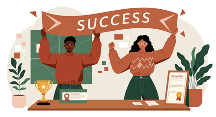 Two People Celebrating Success with Banner and Rewards