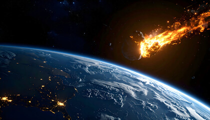 Obraz premium Meteor blazing toward planet Earth through dark space.