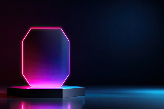 Exhibition hexagon base podium. Platform, product pedestal. Blue violet Led Neon light. Technological background for smartphone. Neon pink glowing on dark background. - Powered by Adobe