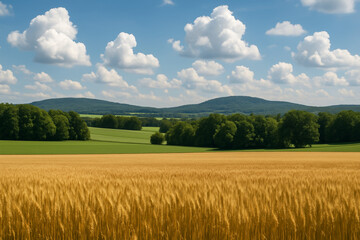 Obraz premium Golden wheat field under blue sky in summer