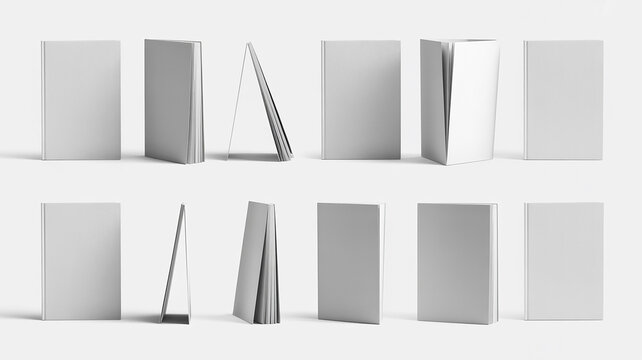 Blank White Book Covers in Various Angles and Positions on White Background mockup high quality image.