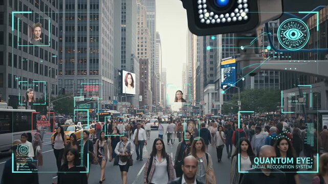 High-tech security system analyzing pedestrian movements through sophisticated facial recognition technology in bustling metropolitan environment