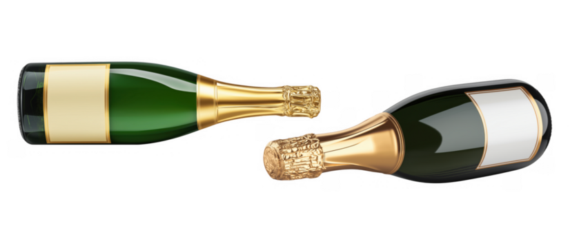 Two angled champagne bottles on a white backdrop, AI, PNG