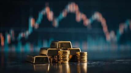Gold bars and coin stacks on a reflective surface, against a blurry graph background