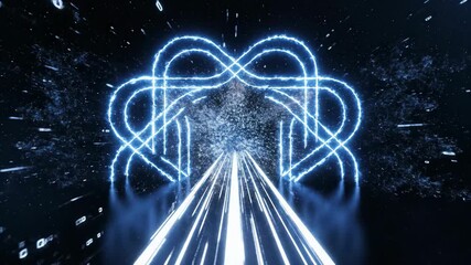 Vertical animation of traveling at high speed through a futuristic light tunnel. Flying towards a glowing blue neon portal in digital space. Sci-fi technology and data transfer concept - Powered by Adobe