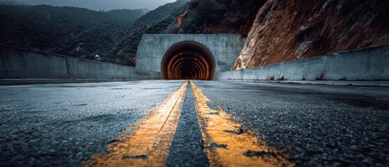 Dramatic mountain tunnel entrance with yellow road lines leading into illuminated passage through rocky landscape at dusk
