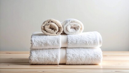 Stacked white and beige towels on wooden surface with soft lighting