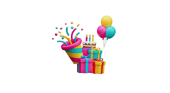 Birthday party celebration elements confetti cake gifts balloons