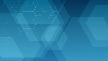Loopable abstract blue background, digital network of interconnected honeycomb grid, overlapping translucent geometric hexagon shapes against deep blue gradient, science, medical, news, tech themes - Powered by Adobe