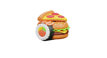 Stacked food items pizza burger sushi concept