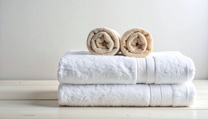 Stacked white and beige towels on wooden surface with soft lighting
