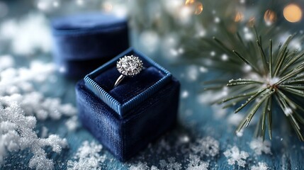 Stunning diamond ring nestled in a velvet box evokes winter proposal magic and luxurious holiday gifting moments