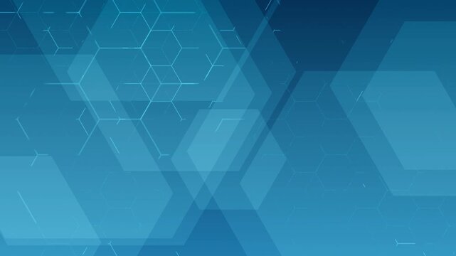 Loopable abstract blue background, digital network of interconnected honeycomb grid, overlapping translucent geometric hexagon shapes against deep blue gradient, science, medical, news, tech themes