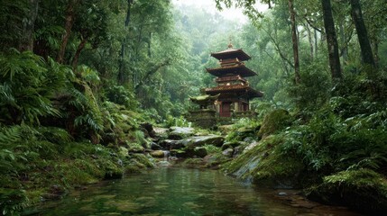 Traditional Japanese pagoda nestled in lush green forest with flowing stream, creating serene natural temple sanctuary environment