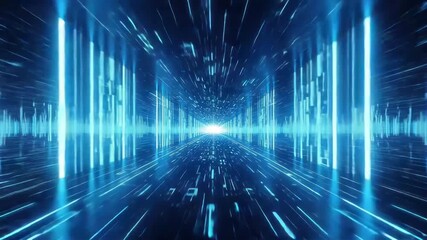 Abstract blue digital tunnel with light streaks and grid pattern - Powered by Adobe