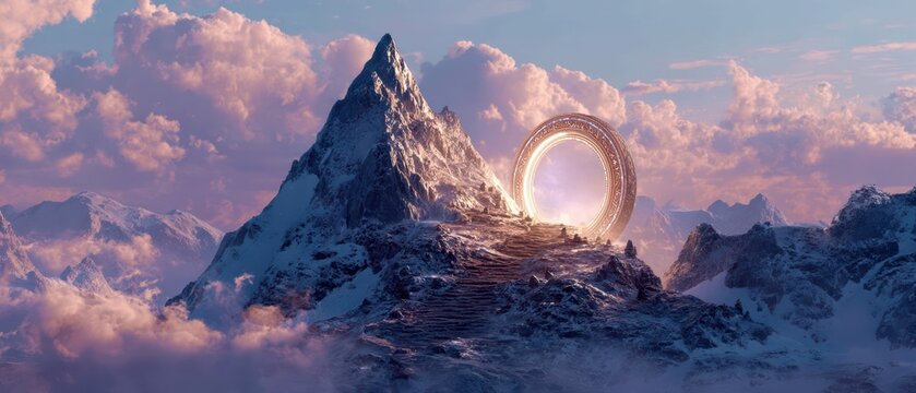 Mystical mountain landscape with glowing portal ring overlooking snowy peaks and dramatic pink clouds at sunset or sunrise - Powered by Adobe