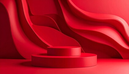 Red abstract podium with flowing wave structures on red background